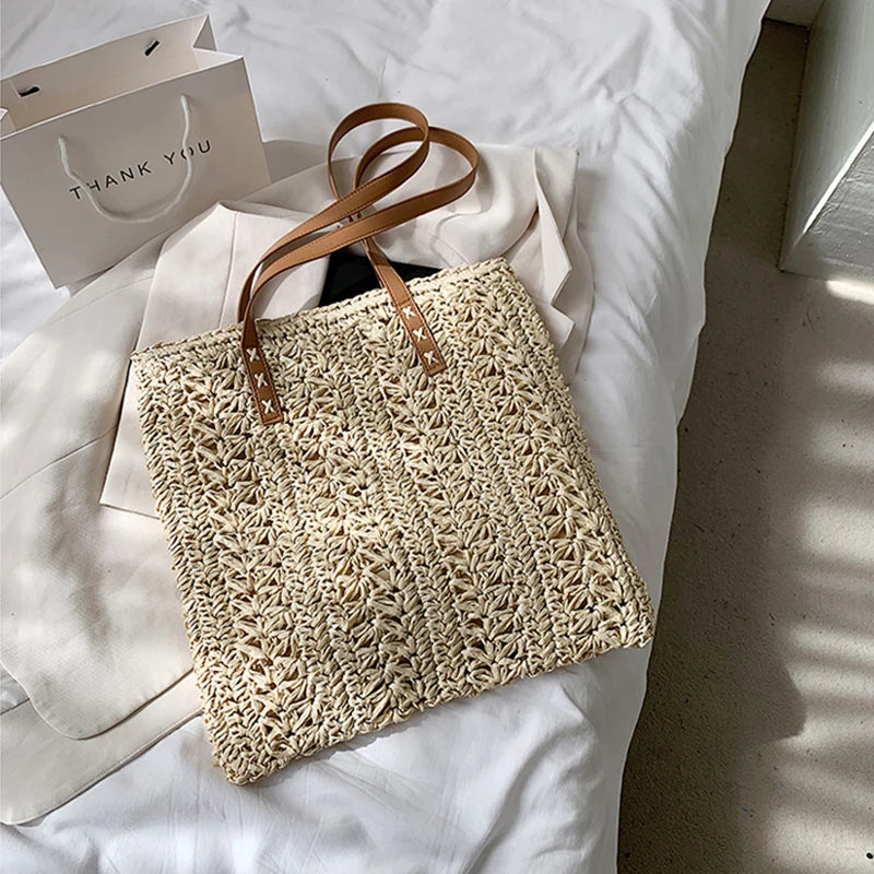Square Hollow Straw Beach Bag | Handmade Woven Raffia Rattan Shopping Tote | Elegant Bohemian Summer Vacation Handbag | "Dignified" Hard-Shell Accessory for Casual Travel Styling Luxegan