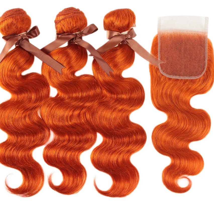 Ginger Orange Brazilian Body Wave Human Hair Bundles with Closure | Vibrant Orange Remy Human Hair 3 Bundles with Matching Lace Closure | Flame Colored Body Wave Extensions Luxegan