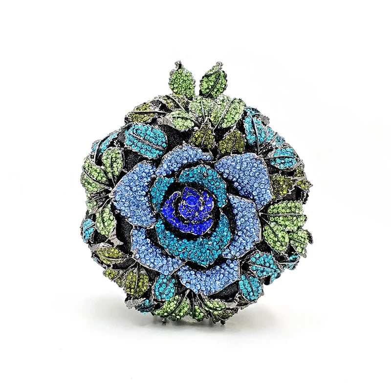 Luxury Diamond Crystal Rose Flower Clutch | Floral Metallic Evening Purse for Weddings & Brides | Sparkling Party Minaudière in Gold, Silver, & AB Diamonds Luxegan