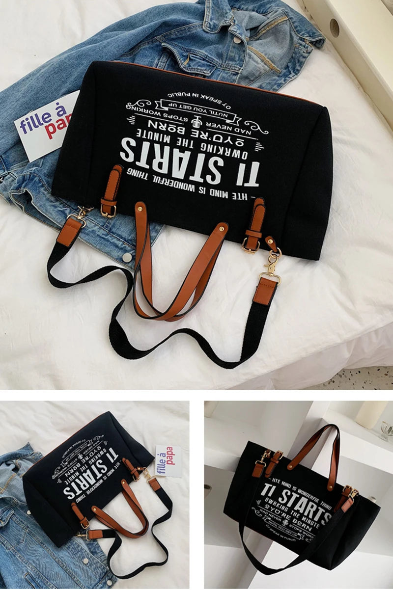Casual Letter Design Canvas Tote | Soft Large Capacity Shoulder Bag Luxegan