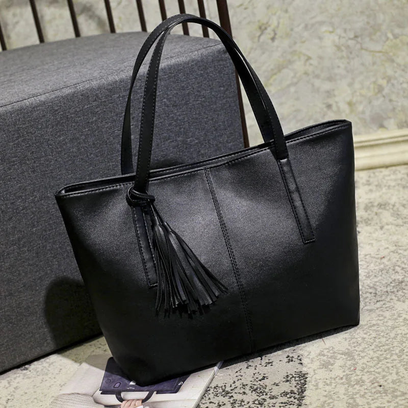 Retro Tassel Tote Bag | Large Capacity PU Leather Handbag Luxegan