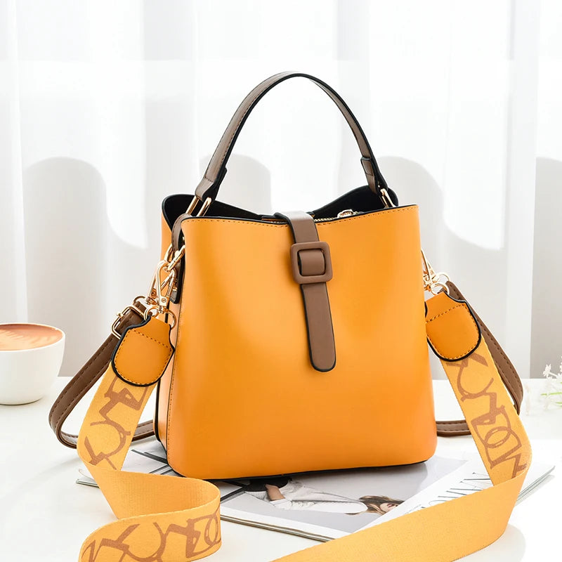 Girls' Fashion PU Leather Bucket Bag | Trendy Foreign Trade Women's Messenger Bag | Wide-Strap Letter Print Shoulder Bag | Versatile Daily Crossbody for All Seasons (Model 14289) Luxegan