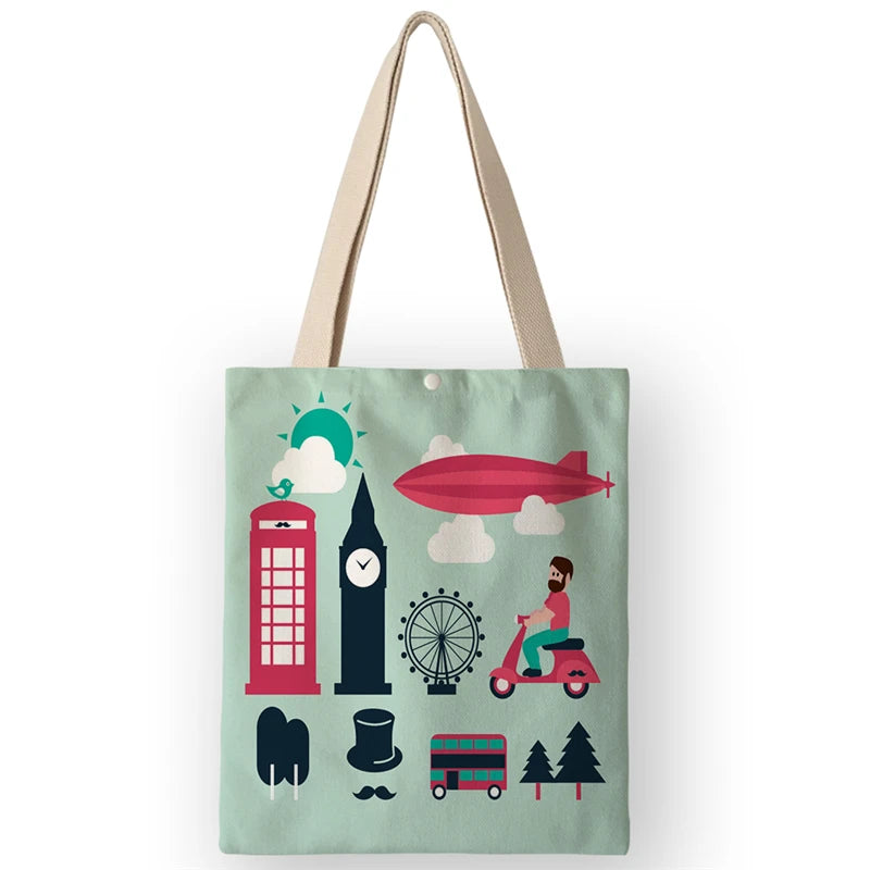Vintage British Style Women's Canvas Shoulder Bags | Cartoon London Prints Shopping Handbags Totes Travel Luxegan