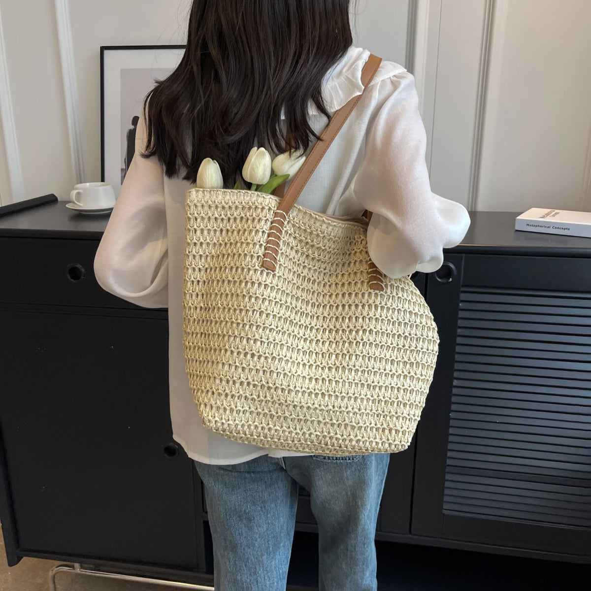 Handmade Natural Rattan Woven Tote | Summer Straw Beach Handbag | Portable 7-Inch Fashion Shoulder Bag | Minimalist Weave Purse for Travel & Outdoor (Model 2343) Luxegan