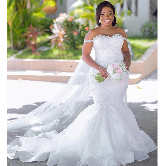 Exquisite Crystal Off-the-Shoulder Mermaid Bridal Gown | Vintage Tiered Organza & Tulle Silhouette | Custom Plus Size Africa Country Wedding Dress with Royal Lace-Up Back | Majestic Sweetheart Court Train Bridal Masterpiece Luxegan