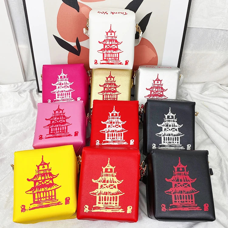 Takeout Box Inspired PU Leather Purse | Fashionable Women’s Crossbody Bucket Bag | Creative Shoulder Chain Bag with Cartoon Printing | Unique Landscape Pattern Square Handbag Luxegan