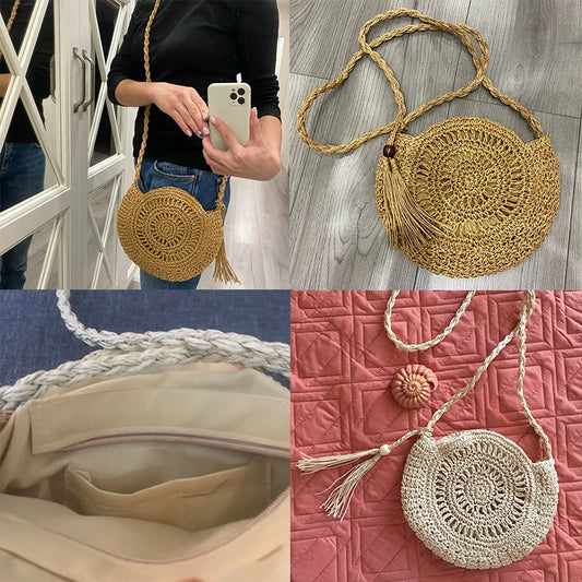 Round Soft Paper Rope Shoulder Bag | Tassel Summer Beach Handmade Crossbody Bag Luxegan
