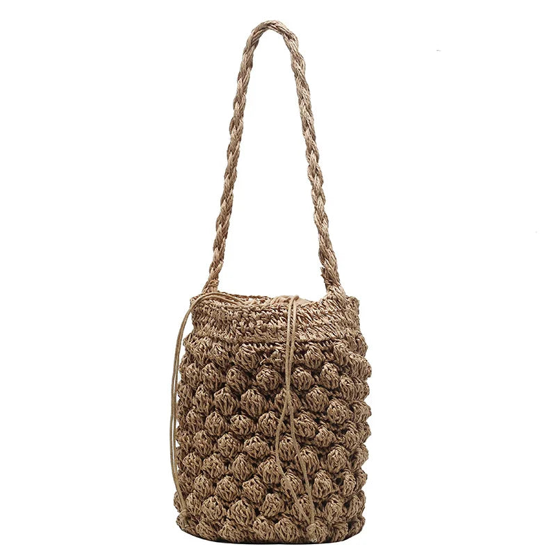 Summer Straw Shoulder Tote | Sophisticated Large-Capacity Rattan Bucket Bag | Elegant Handmade Woven Beach Bag | "Dignified" Soft Bohemian Handbag for Versatile Vacation Styling Luxegan