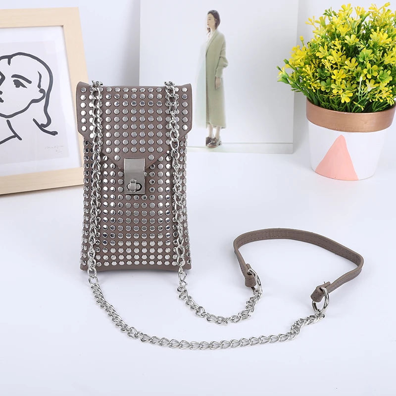 PU Leather Mini Shoulder & Crossbody Bag for Women | Rivet Flap Chain Designer Purse (Retro Phone Bag, Hip-Hop Style) Luxegan