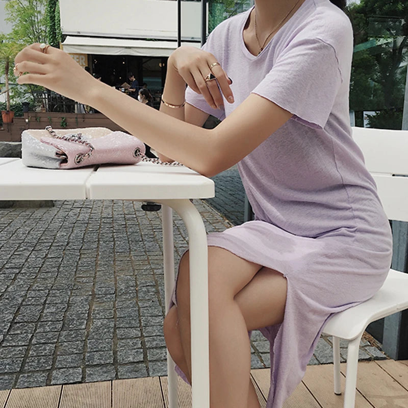Original Casual 94% Cotton Summer Women's Dresses Solid Short Sleeve Spilt Long Midi Dress Fashion Sundress Female Clothing