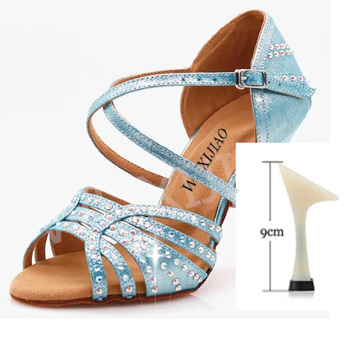 Professional Satin Latin Dance Shoes | Sophisticated 9cm Thin High Heels | Elegant "Bright Rhinestone Silk" Silhouette | "Dignified" Soft Bottom Ballroom Shoes for Radiant Versatile Performance Luxegan