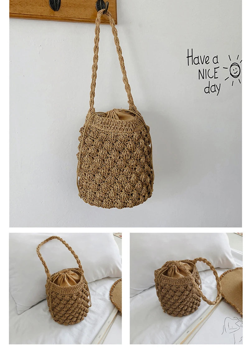 Summer Straw Shoulder Tote | Sophisticated Large-Capacity Rattan Bucket Bag | Elegant Handmade Woven Beach Bag | "Dignified" Soft Bohemian Handbag for Versatile Vacation Styling Luxegan