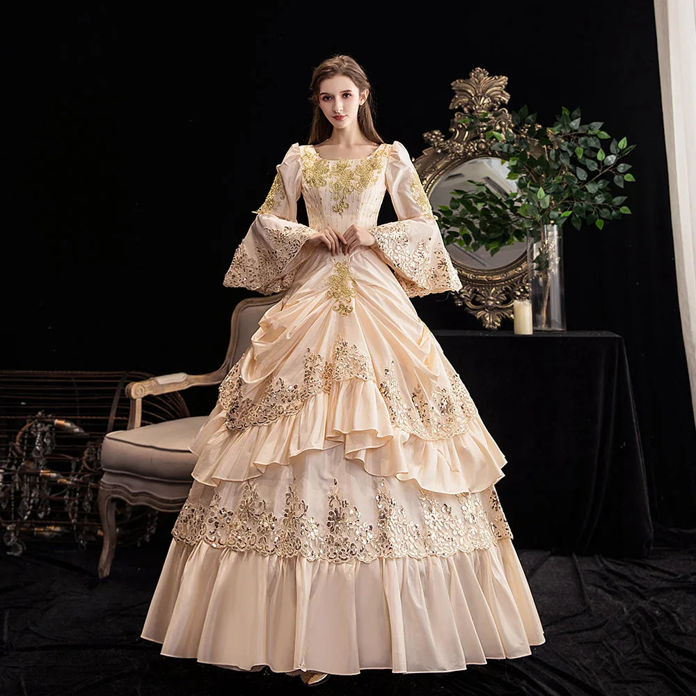 Victorian Renaissance Ball Gown – Square Neck, Flare Sleeve, Floor-Length, Empire Waist