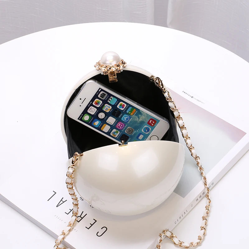Luxury Round Pearl Handbag for Ladies | Elegant White Evening Clutch Bag | Designer Circular Catwalk Messenger | Chic PVC Beach & Party Shoulder Bag (Model 062) Luxegan