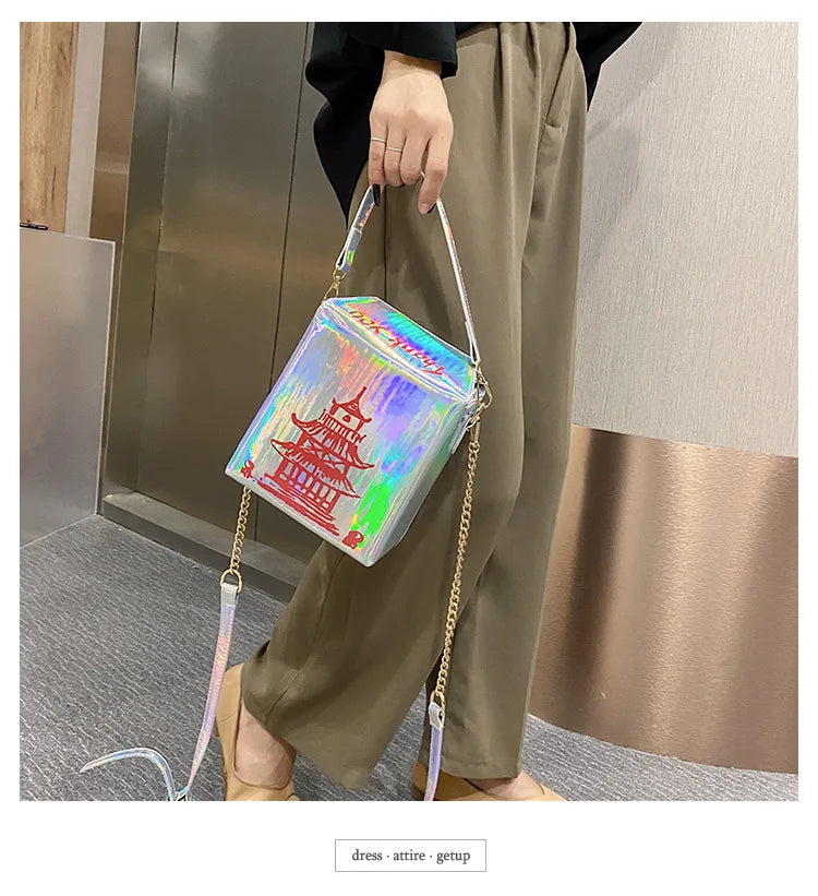 Takeout Box Inspired PU Leather Purse | Fashionable Women’s Crossbody Bucket Bag | Creative Shoulder Chain Bag with Cartoon Printing | Unique Landscape Pattern Square Handbag Luxegan