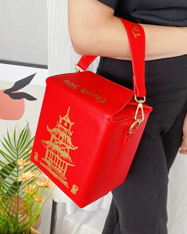 Takeout Box Inspired PU Leather Purse | Fashionable Women’s Crossbody Bucket Bag | Creative Shoulder Chain Bag with Cartoon Printing | Unique Landscape Pattern Square Handbag Luxegan