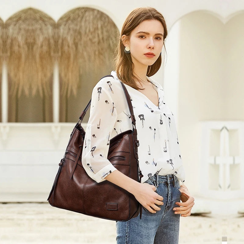 Designer Brand Large Winter Messenger Bag | Women's High-Capacity PU Leather Travel Satchel | Feminine Thread-Pattern Weekend Shoulder Bag (Model HZR-831) Luxegan