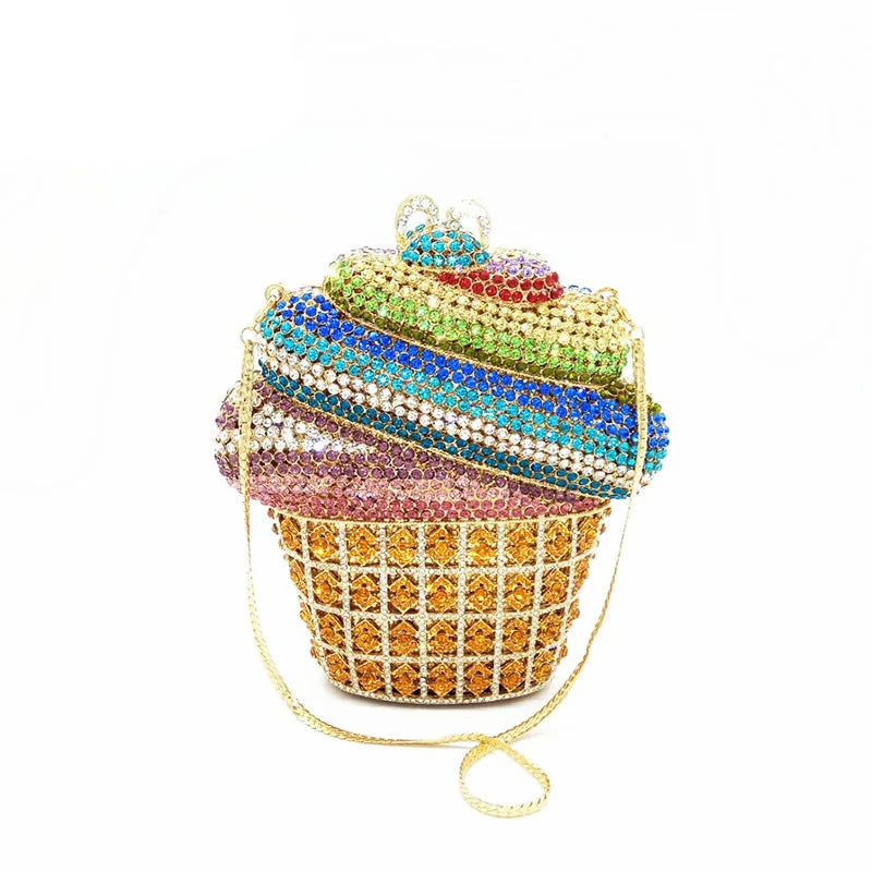 Luxury Crystal Ice Cream Evening Clutch | Sophisticated Diamond-Encrusted Cupcake Bag | Elegant Gold & Silver Wedding Party Prom Purse | "Dignified" Bespoke Handbag with Chain Strap Luxegan