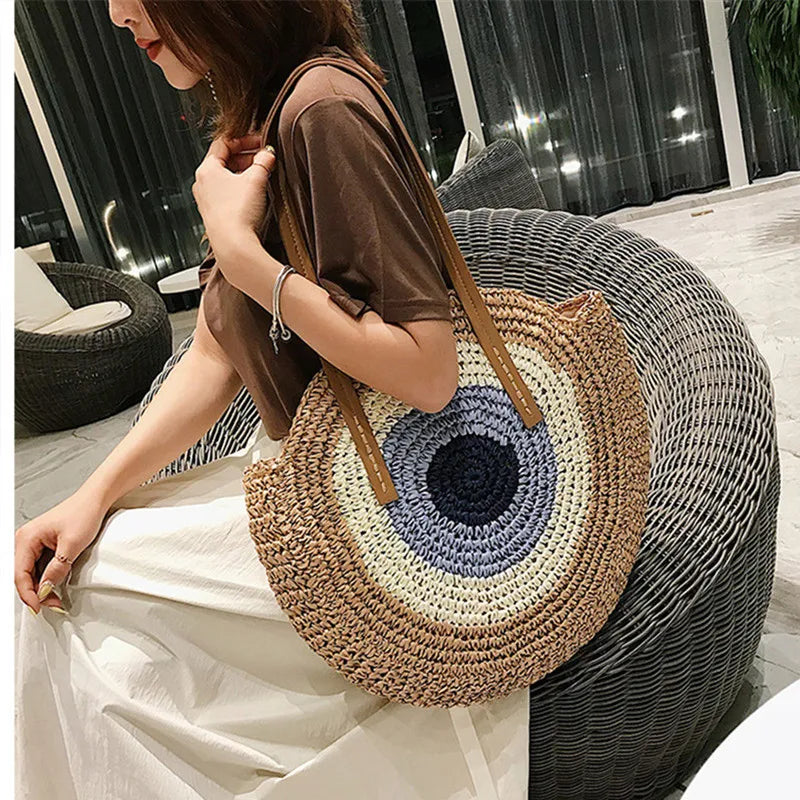 Large Capacity Round Women's Fashionable Straw Woven Shoulder Bag | Handmade Summer Beach Travel Holiday Women Tote Bags Luxegan