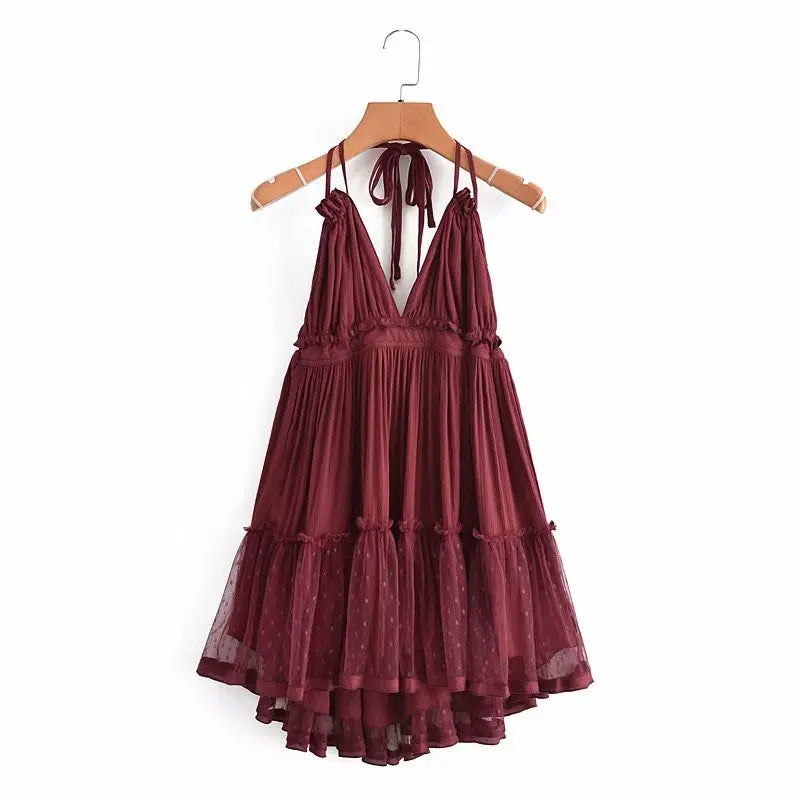Solid Casual Lace-Detailed V-Neck Spaghetti Strap Sleeveless Regular Fit A-Line Mini Dress – Medium-Stretch Viscose Brocade, Empire Waist, Summer Luxegan