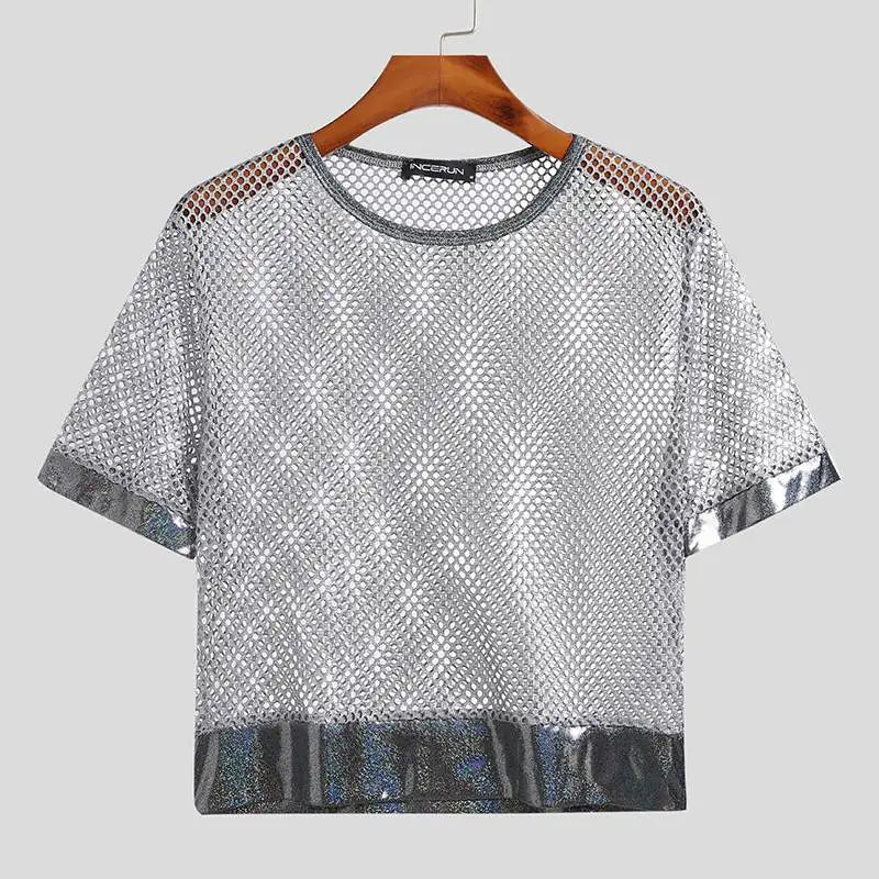 Men’s Mesh Patchwork See-Through T-Shirt | Sophisticated "Short Sleeve" Crop Top Silhouette | Elegant "Grey" Nightclub Camiseta | "Dignified" High-Performance Streetwear for Radiant Versatile Styling Luxegan