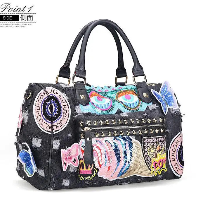 Rock Style Women’s Denim Handbag | Vintage Blue Denim Large Travel Tote | Fashionable Embroidery & Cartoon