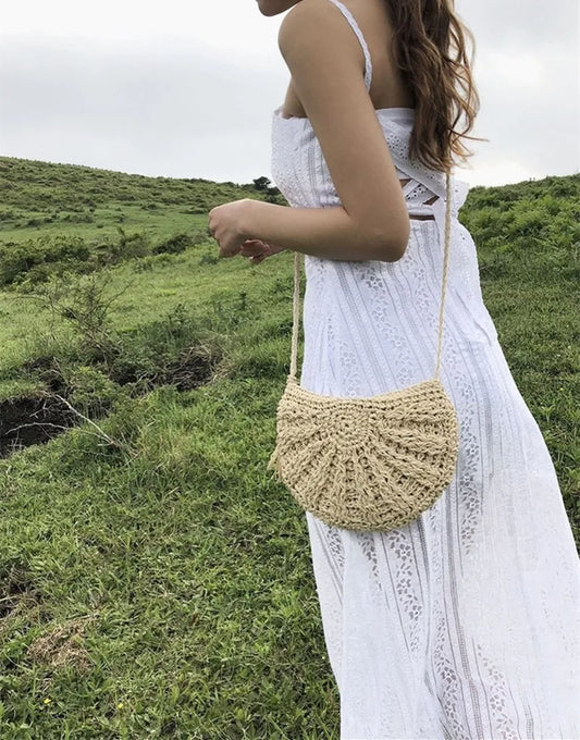 New Half-Round Straw Bag for Women | Sophisticated Handmade Woven Rattan Summer Beach Bag | Elegant Half-Moon Crossbody Handbag | Fashion-Forward Bohemia Style Purse with Hollow-Out Detail Luxegan