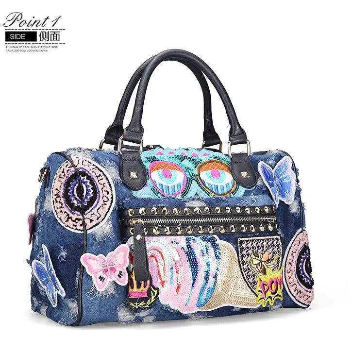 Rock Style Women’s Denim Handbag | Vintage Blue Denim Large Travel Tote | Fashionable Embroidery & - view 2
