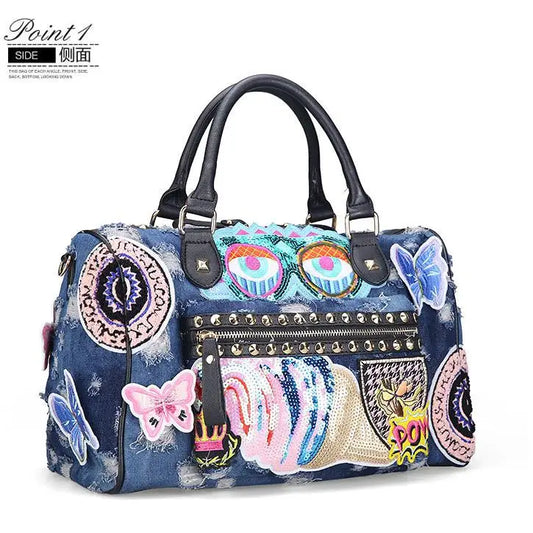 Rock Style Women’s Denim Handbag | Vintage Blue Denim Large Travel Tote | Fashionable Embroidery & Cartoon Print Shoulder Bag | Versatile Patchwork Top-Handle Crossbody Bag Luxegan 