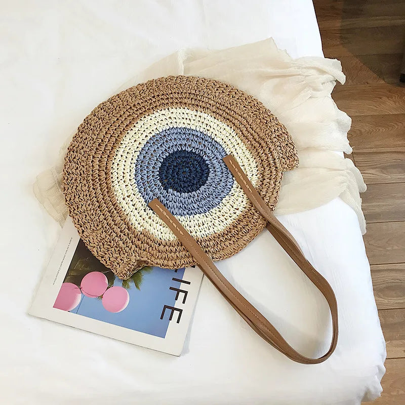Large Capacity Round Women's Fashionable Straw Woven Shoulder Bag | Handmade Summer Beach Travel Holiday Women Tote Bags Luxegan