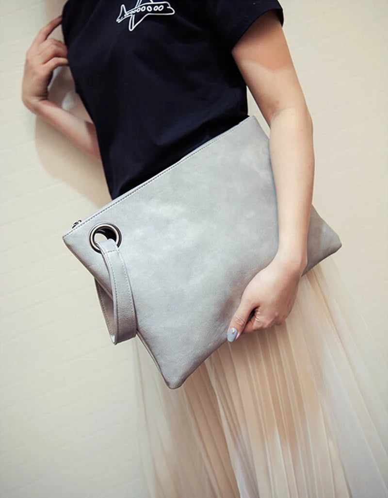 PU Leather Solid Envelope Clutch | Fashion Soft Sac Bag with Zipper Luxegan