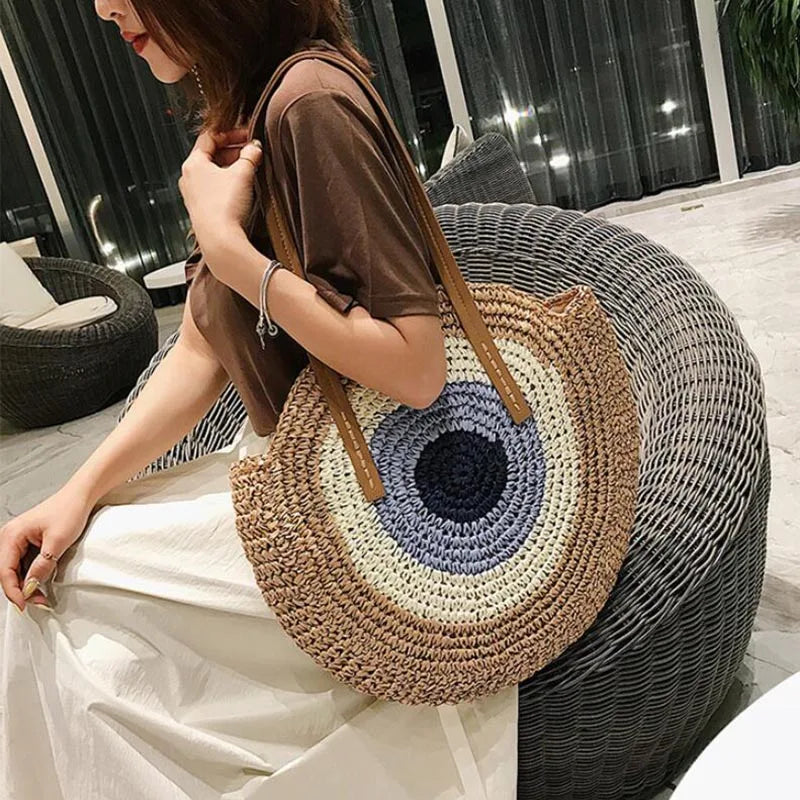 Large Capacity Round Women's Fashionable Straw Woven Shoulder Bag | Handmade Summer Beach Travel Holiday Women Tote Bags Luxegan