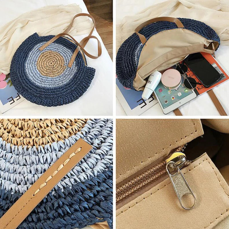 Large Capacity Round Women's Fashionable Straw Woven Shoulder Bag | Handmade Summer Beach Travel Holiday Women Tote Bags Luxegan