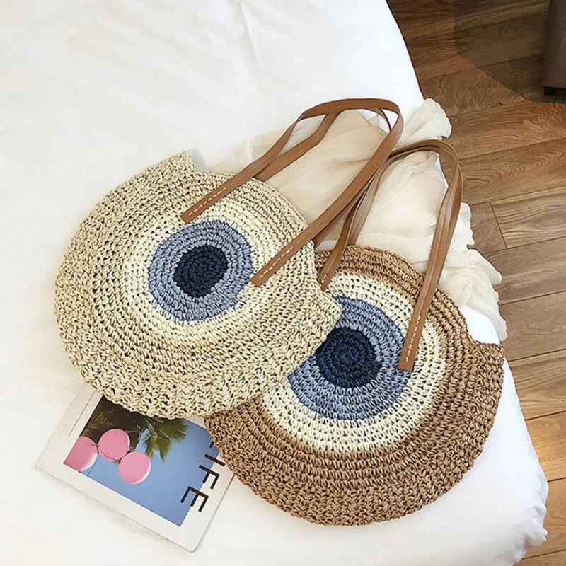 Large Capacity Round Women's Fashionable Straw Woven Shoulder Bag | Handmade Summer Beach Travel Holiday Women Tote Bags Luxegan