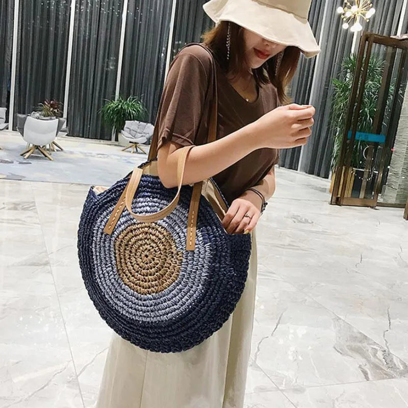 Large Capacity Round Women's Fashionable Straw Woven Shoulder Bag | Handmade Summer Beach Travel Holiday Women Tote Bags Luxegan