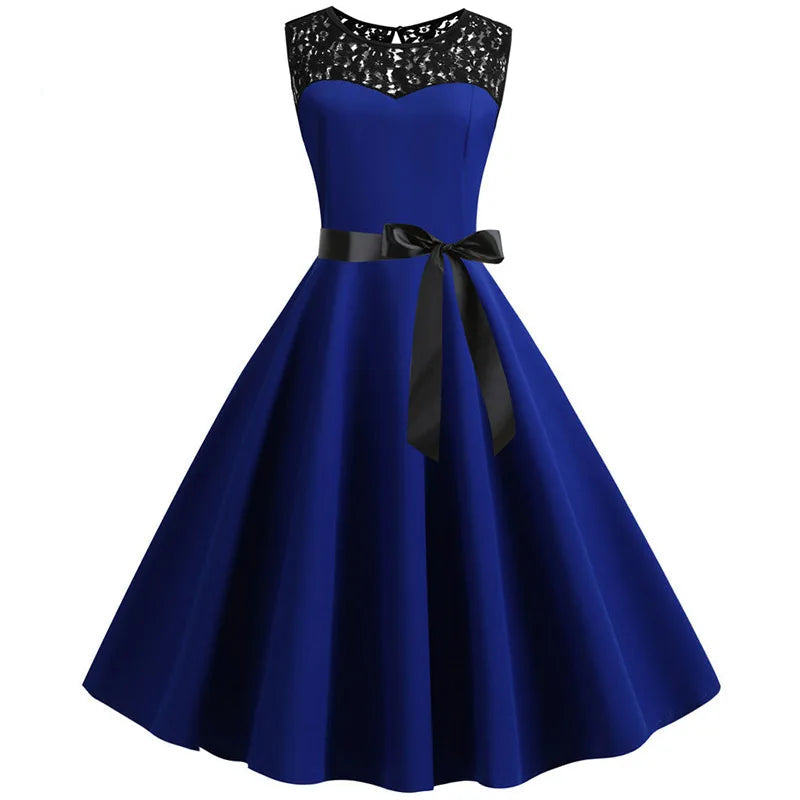 Women's Elegant Blue Lace Patchwork Summer Dress | Vintage Slim-Fit Party Dress | Sleeveless O-Neck Knee-Length Casual Office Ladies Work Dress Luxegan