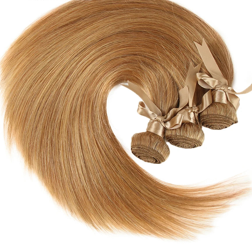 #27/30 Honey Blonde Auburn Straight Human Hair Bundles | Premium Brazilian Remy Human Hair Weaving | Multidimensional Highlighted Sew-In Extension Bundles (3-Piece Multipack) Luxegan