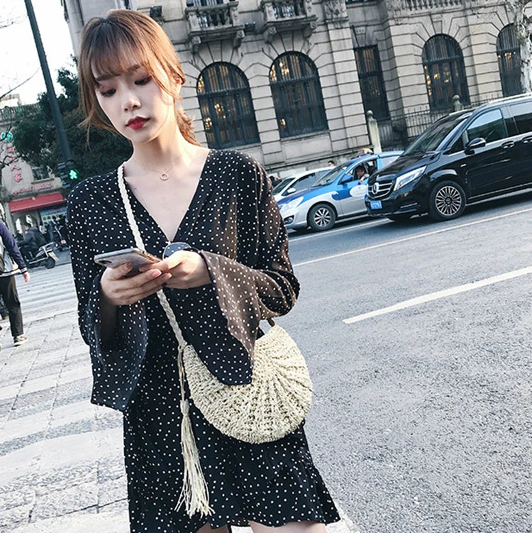 New Half-Round Straw Bag for Women | Sophisticated Handmade Woven Rattan Summer Beach Bag | Elegant Half-Moon Crossbody Handbag | Fashion-Forward Bohemia Style Purse with Hollow-Out Detail Luxegan