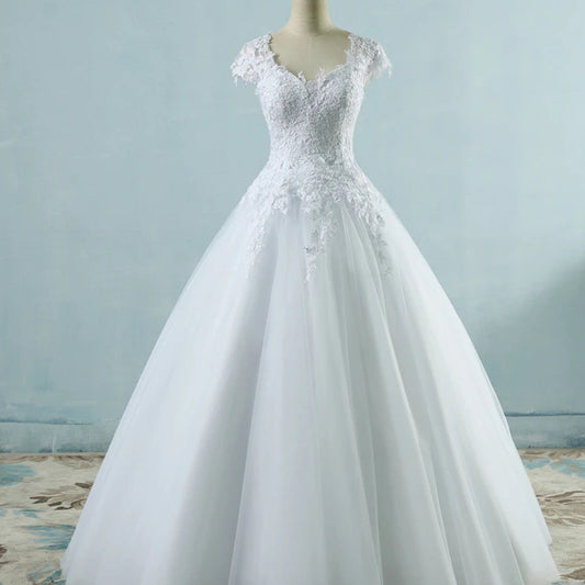 Vintage Lace White A-Line Wedding Dress | Exquisite Short Cap-Sleeve Bridal Gown | V-Neck Cut-Out Floor-Length Custom Plus Size Gown Luxegan