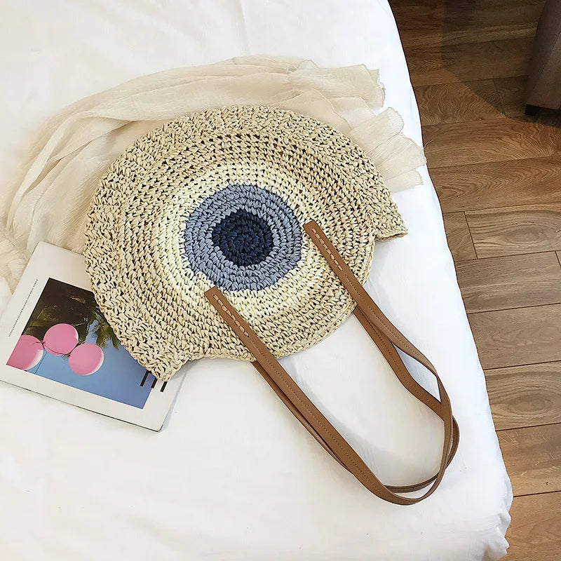 Large Capacity Round Women's Fashionable Straw Woven Shoulder Bag | Handmade Summer Beach Travel Holiday Women Tote Bags Luxegan
