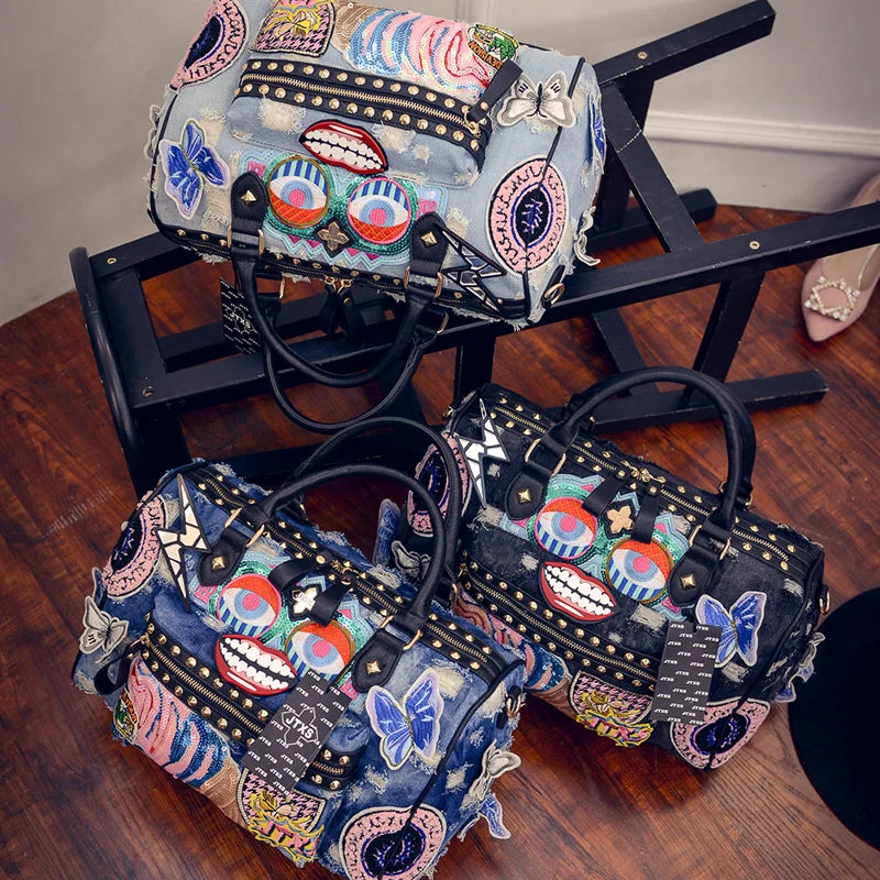 Rock Style Women’s Denim Handbag | Vintage Blue Denim Large Travel Tote | Fashionable Embroidery & - view 2