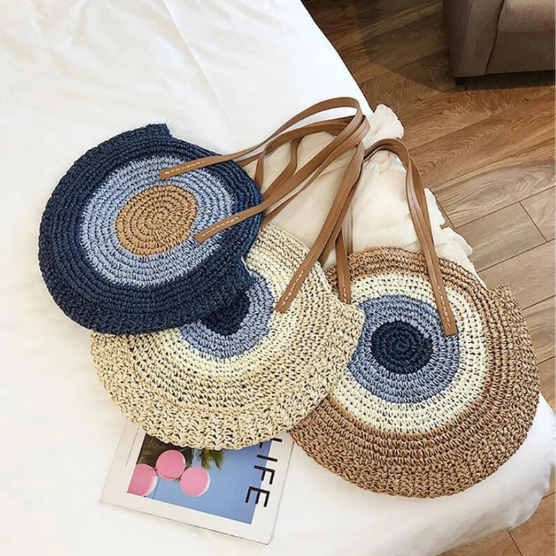 Large Capacity Round Women's Fashionable Straw Woven Shoulder Bag | Handmade Summer Beach Travel Holiday Women Tote Bags Luxegan