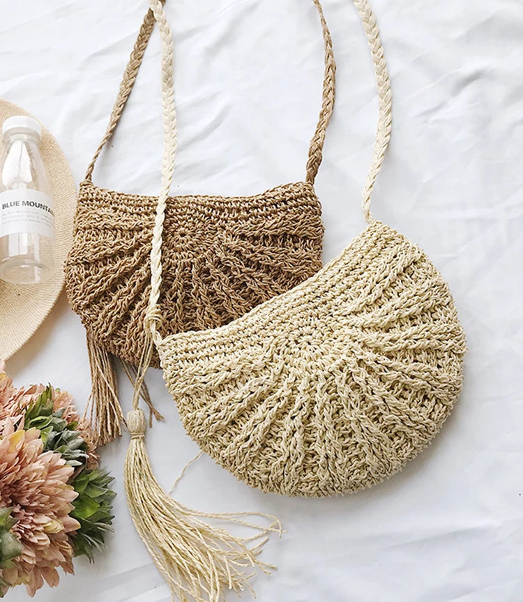 New Half-Round Straw Bag for Women | Sophisticated Handmade Woven Rattan Summer Beach Bag | Elegant Half-Moon Crossbody Handbag | Fashion-Forward Bohemia Style Purse with Hollow-Out Detail Luxegan