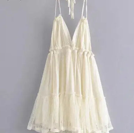 Solid Casual Lace-Detailed V-Neck Spaghetti Strap Sleeveless Regular Fit A-Line Mini Dress – Medium-Stretch Viscose Brocade, Empire Waist, Summer Luxegan