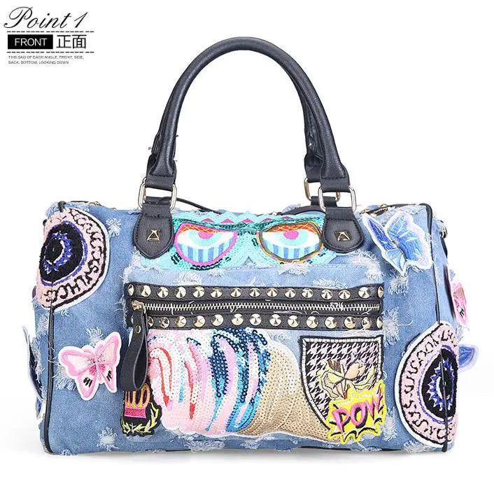 Rock Style Women’s Denim Handbag | Vintage Blue Denim Large Travel Tote | Fashionable Embroidery & - view 4