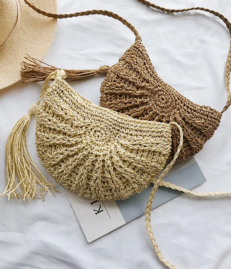 New Half-Round Straw Bag for Women | Sophisticated Handmade Woven Rattan Summer Beach Bag | Elegant Half-Moon Crossbody Handbag | Fashion-Forward Bohemia Style Purse with Hollow-Out Detail Luxegan