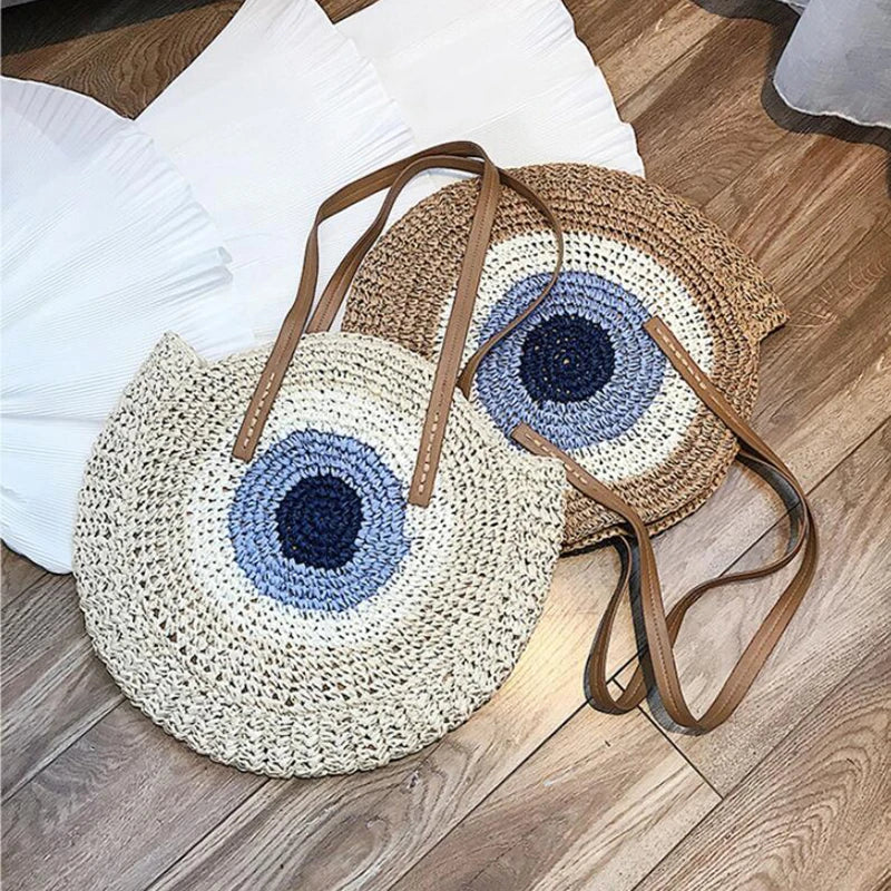 Large Capacity Round Women's Fashionable Straw Woven Shoulder Bag | Handmade Summer Beach Travel Holiday Women Tote Bags Luxegan