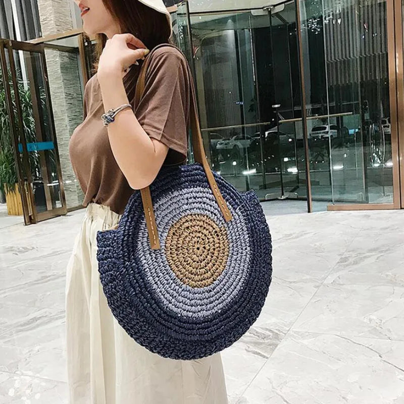 Large Capacity Round Women's Fashionable Straw Woven Shoulder Bag | Handmade Summer Beach Travel Holiday Women Tote Bags Luxegan