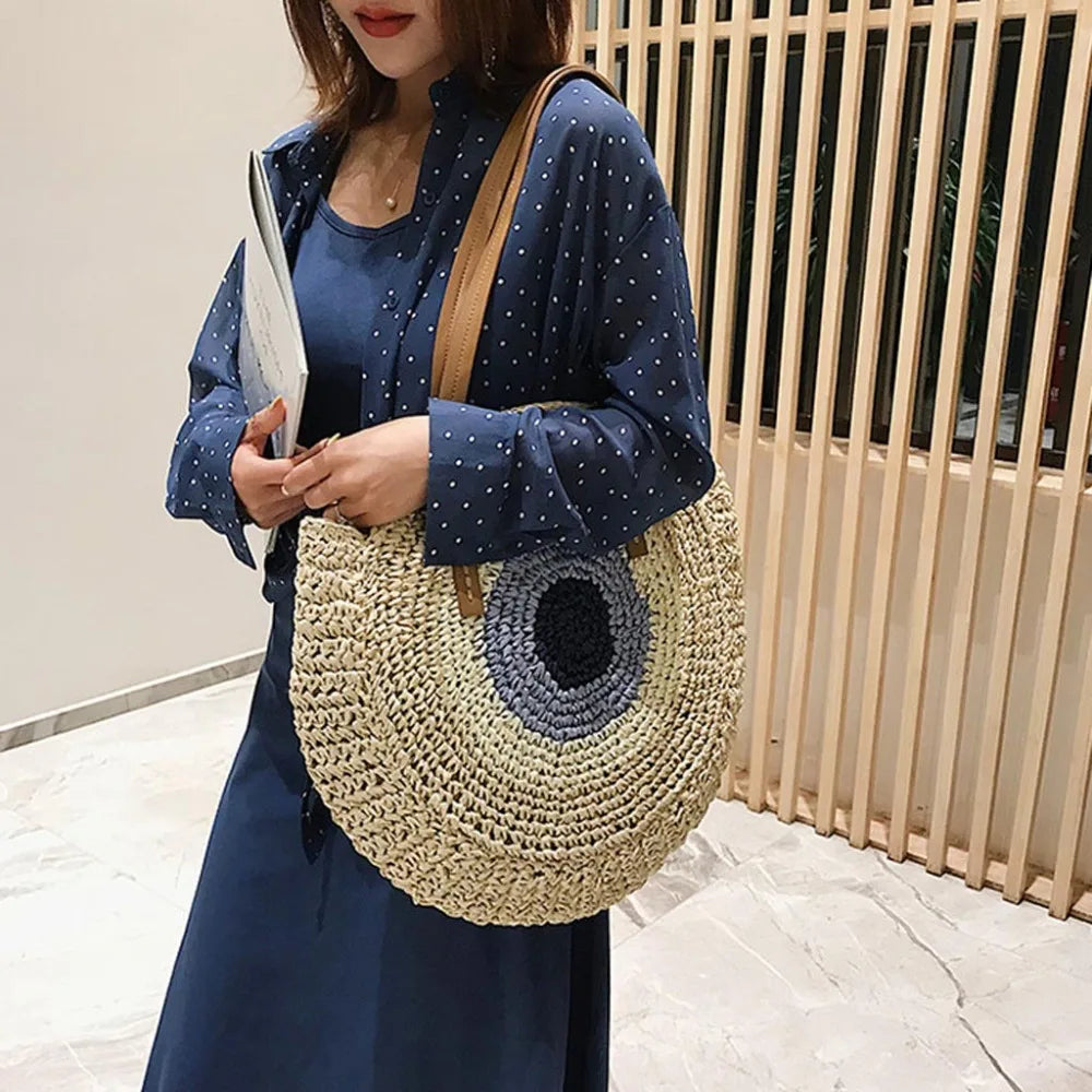 Large Capacity Round Women's Fashionable Straw Woven Shoulder Bag | Handmade Summer Beach Travel Holiday Women Tote Bags Luxegan