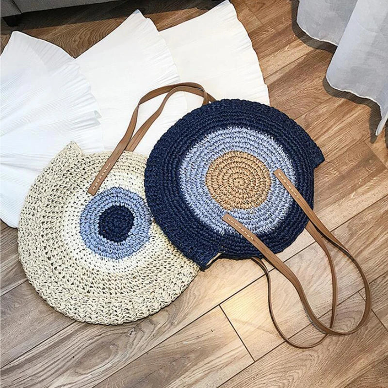 Large Capacity Round Women's Fashionable Straw Woven Shoulder Bag | Handmade Summer Beach Travel Holiday Women Tote Bags Luxegan
